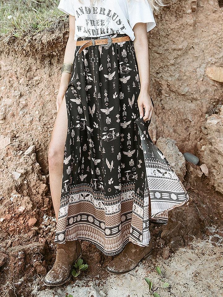 Choies Black High Waist Print Detail Thigh Split Side Maxi Skirt