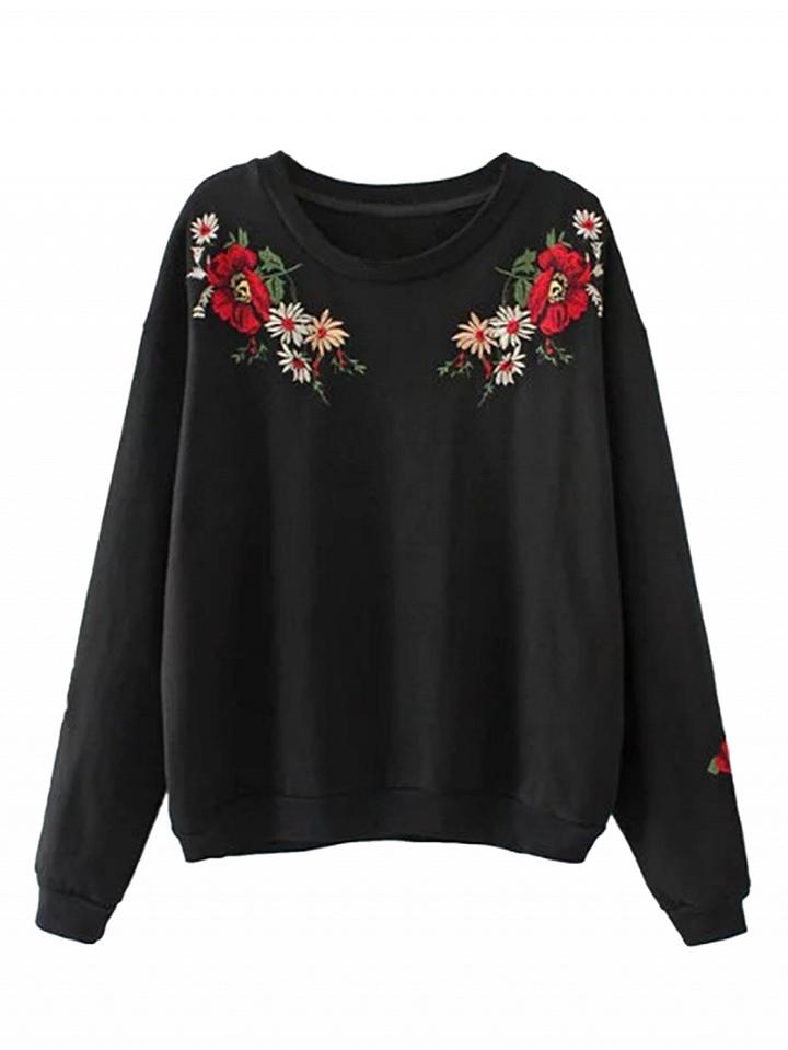 Choies Black Embroidery Flower Long Sleeve Sweatshirt