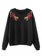 Choies Black Embroidery Flower Long Sleeve Sweatshirt