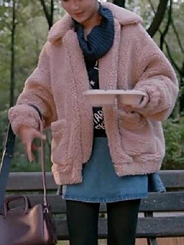 Choies Pink Lapel Zip Front Long Sleeve Faux Shearling Coat