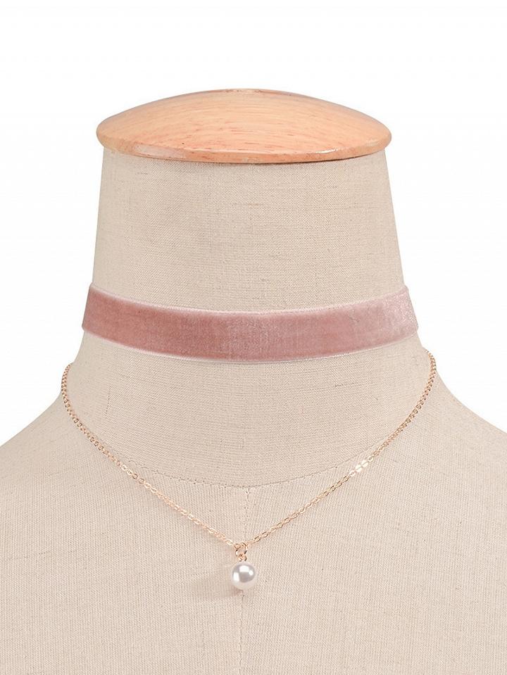 Choies Pink Multirow Faux Pearl Pendant Choker Necklace