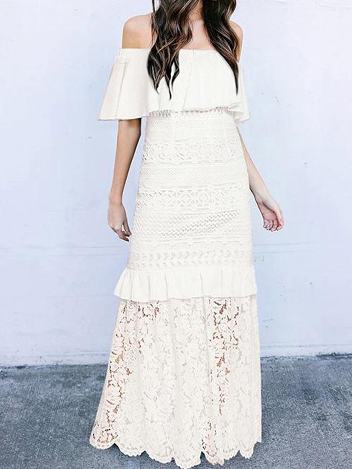 Choies White Off Shoulder Ruffle Trim Chic Women Lace Maxi Dress