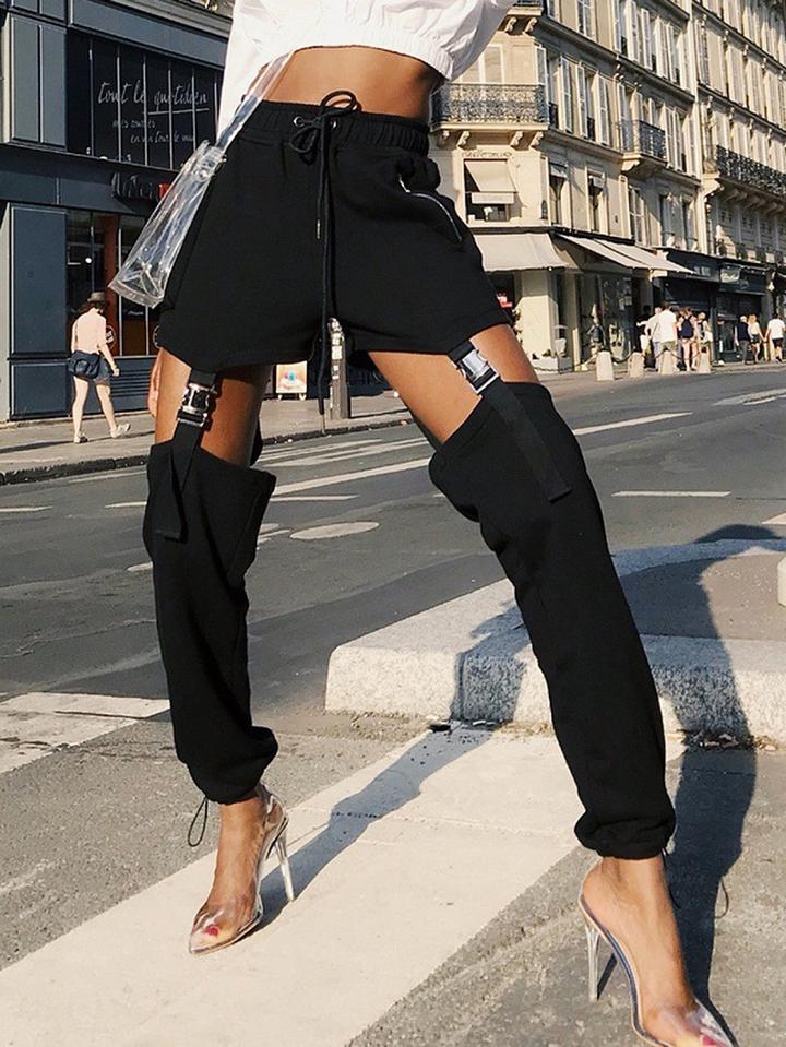 Choies Black Cotton High Waist Buckle Strap Chic Women Pants