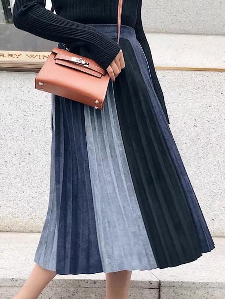 Choies Color Block Faux Suede Pleated Skirt