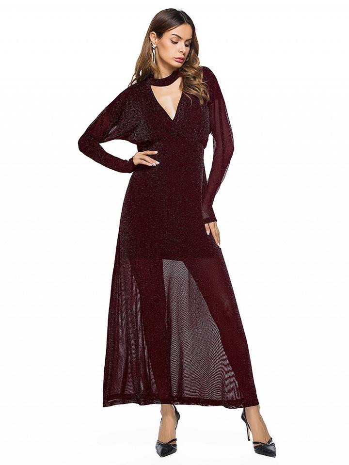 Choies Burgundy Choker Neck Plunge Long Sleeve Maxi Dress