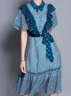 Choies Blue Polka Dot Print Tie Waist Ruffle Trim Chic Women Mini Dress