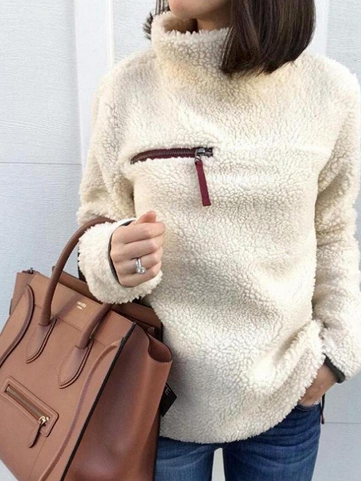 Choies Light Beige High Neck Long Sleeve Women Fleece Sweatshirt