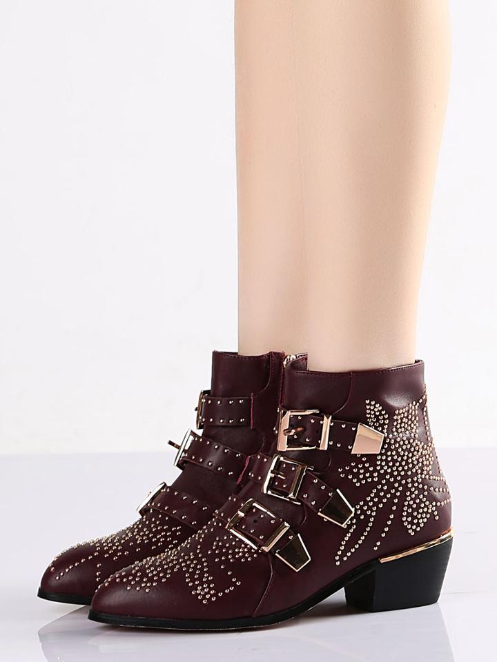 Choies Burgundy Pointed Stud Buckle Strap Ankle Boots