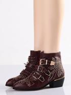 Choies Burgundy Pointed Stud Buckle Strap Ankle Boots