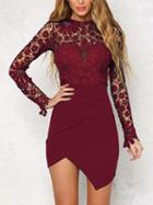 Choies Burgundy Lace Panel Asymmetric Hem Long Sleeve Mini Dress