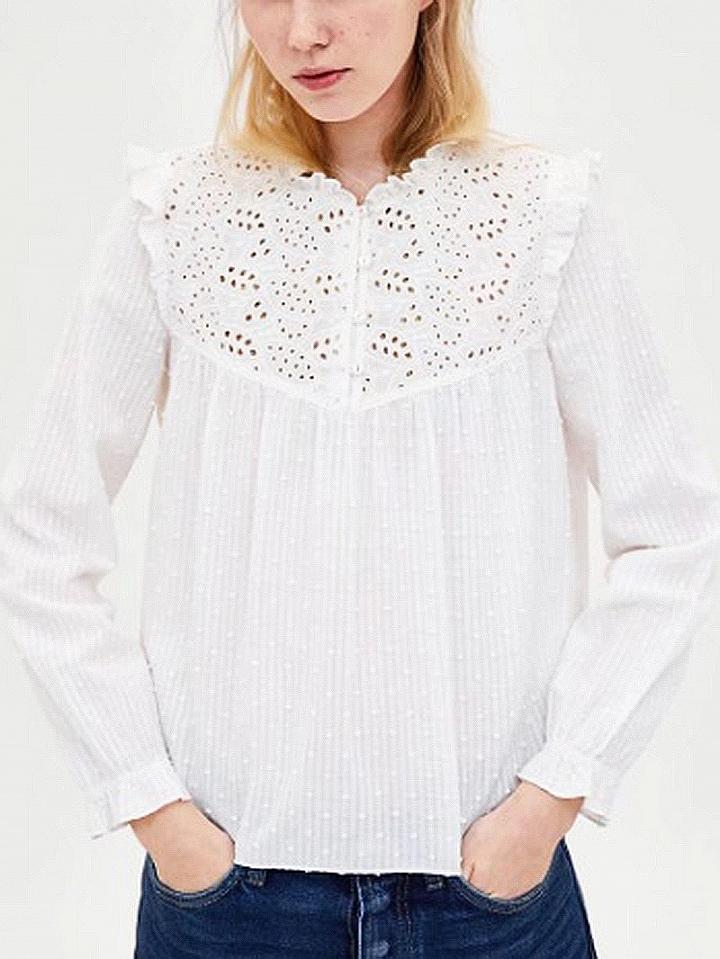 Choies White Lace Panel Frill Trim Long Sleeve Blouse