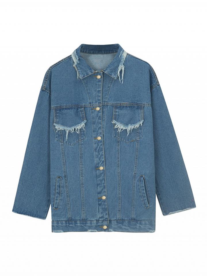 Choies Blue Text Print Back Raw Trims Denim Jacket
