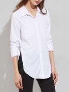Choies White Pointed Collar Curved Hem Pocket Long Sleeve Shirt