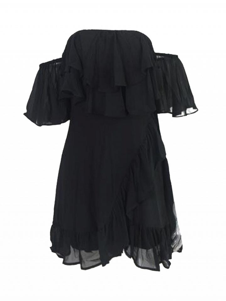 Choies Black Off Shoulder Double Layer Ruffle Wrap Tie Side Dress
