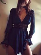 Choies Dark Blue Cotton Plunge Open Back Long Sleeve Chic Women Mini Dress