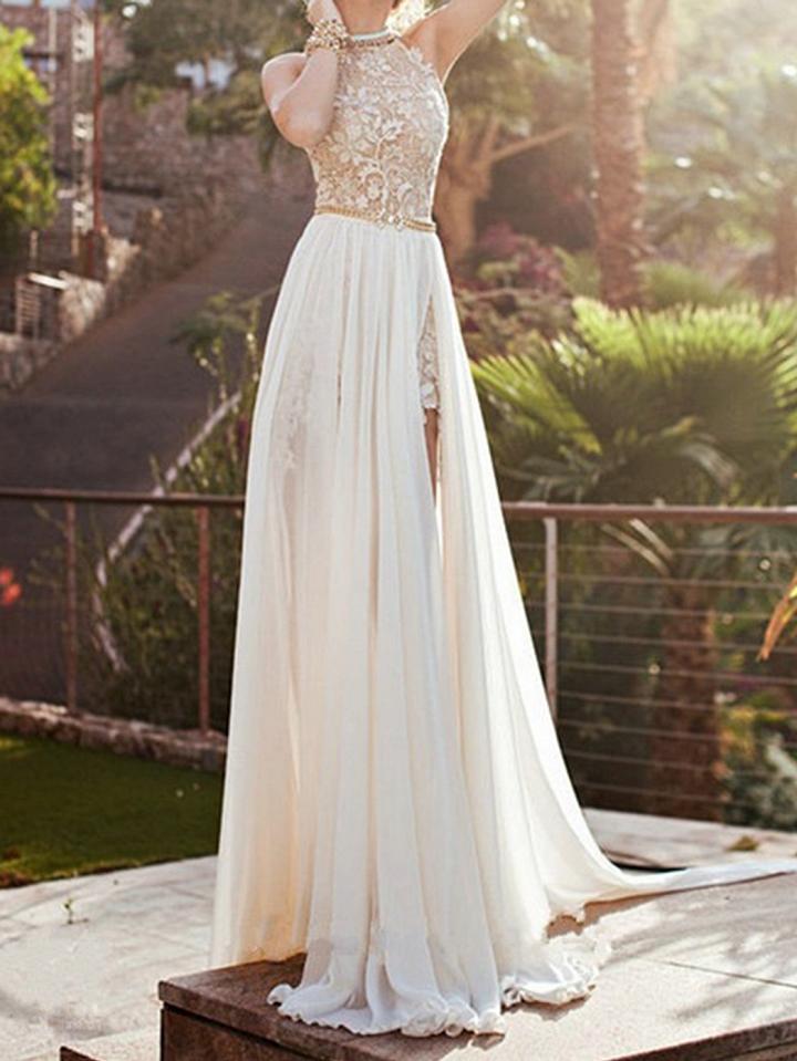 Choies White Halter Thigh Split Side Open Back Chic Women Maxi Dress