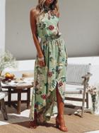 Choies Green High Neck Floral Print Thigh Split Front Hi-lo Maxi Dress