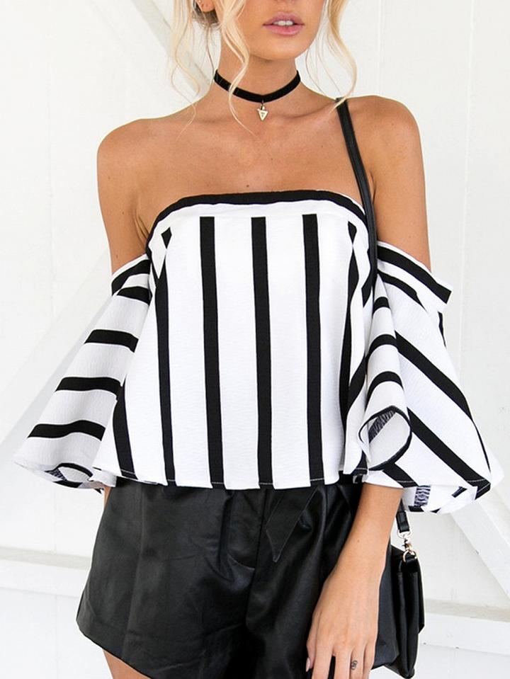 Choies White Stripe Off Shoulder Flared Sleeve Crop Top