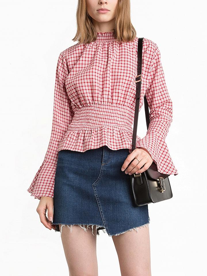 Choies Red Plaid High Neck Flared Sleeve Stretch Waist Blouse