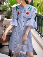 Choies Blue Stripe Embroidery Detail Ruffle Sleeve Chic Women Mini Dress