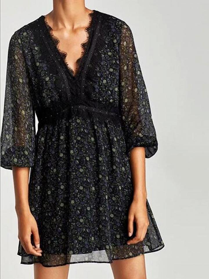 Choies Black V-neck Lace Panel Floral Print Long Sleeve Mini Dress