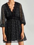 Choies Black V-neck Lace Panel Floral Print Long Sleeve Mini Dress