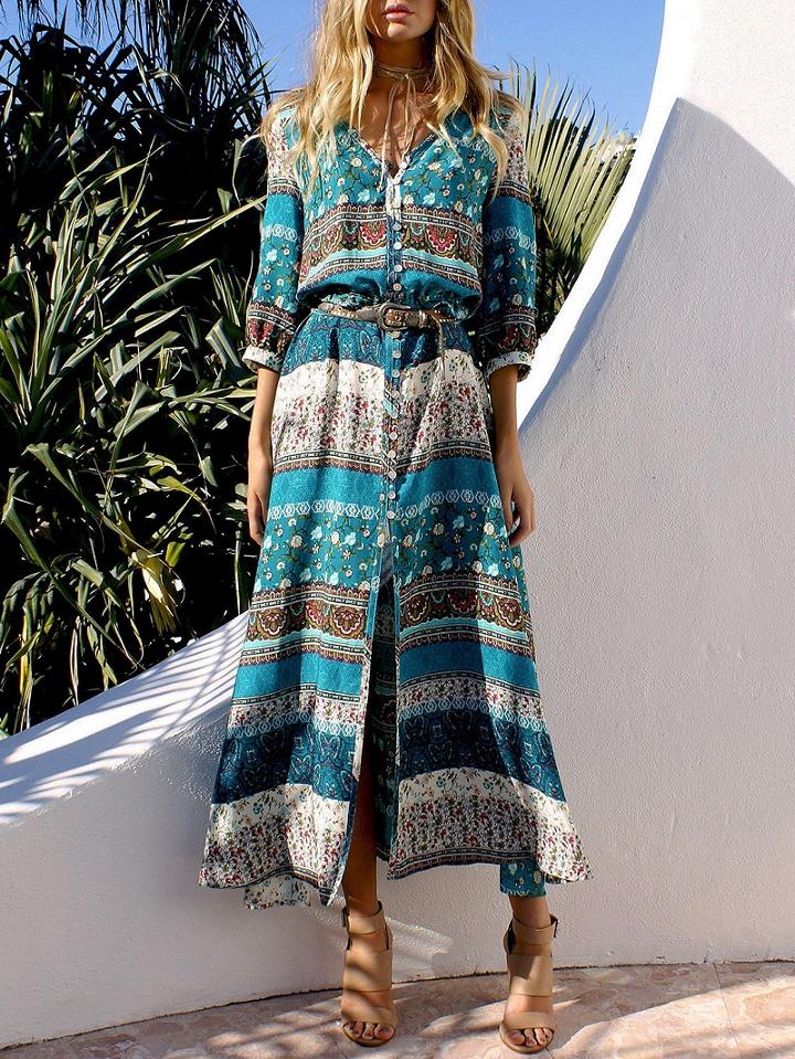 Choies Green Geo-tribal Print Button Placket 3/4 Sleeve Maxi Dress