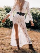 Choies White Plunge Neck Backless Lined Lace Split Maxi Dress