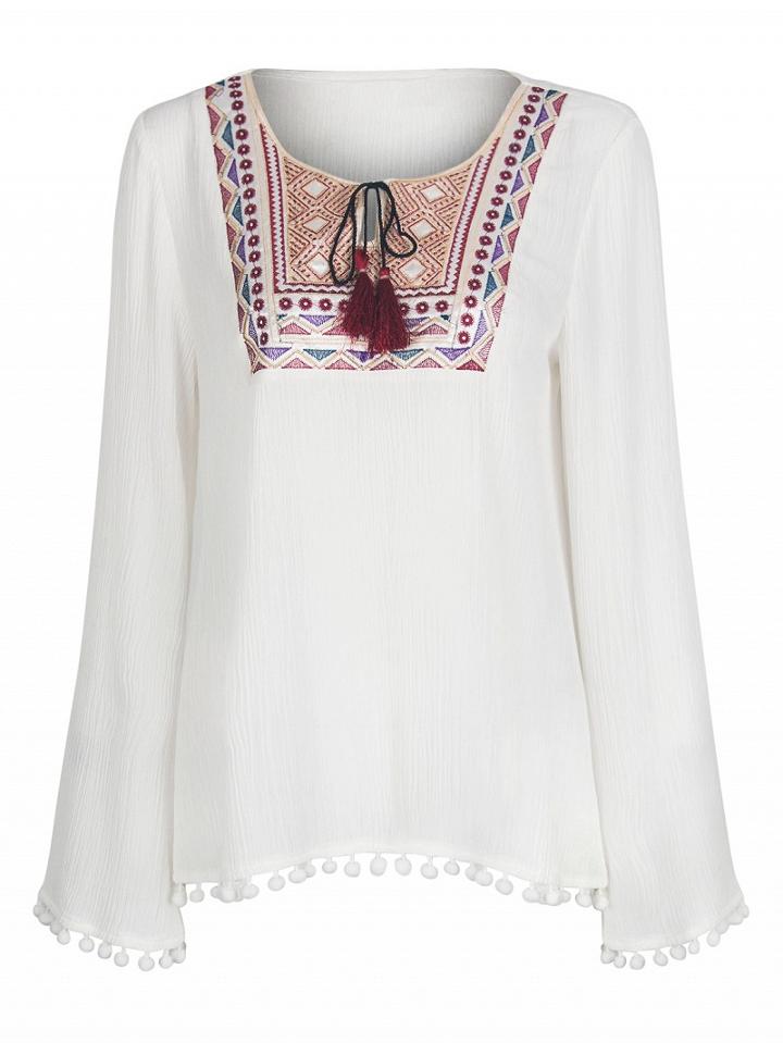 Choies White Textured Embroidery Detail Tie Front Pom Pom Blouse