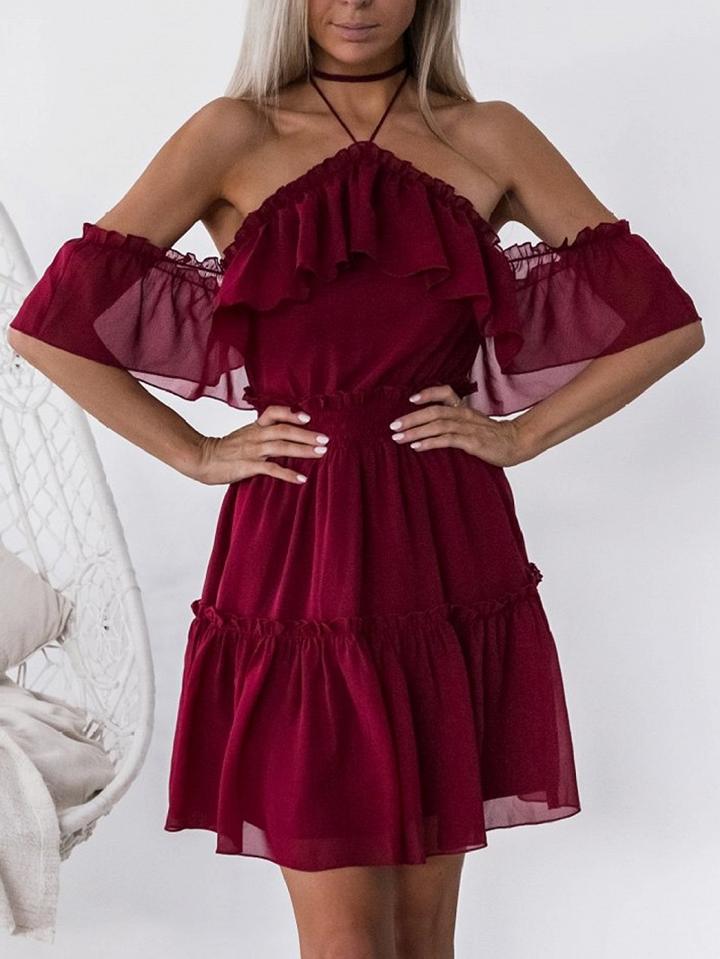 Choies Burgundy Halter Ruffle Trim Open Back Mini Dress