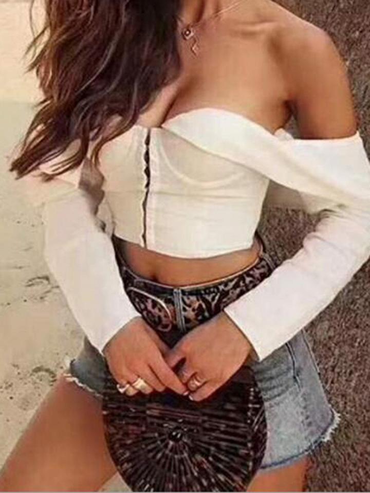 Choies White Cotton Off Shoulder Long Sleeve Chic Women Crop Top