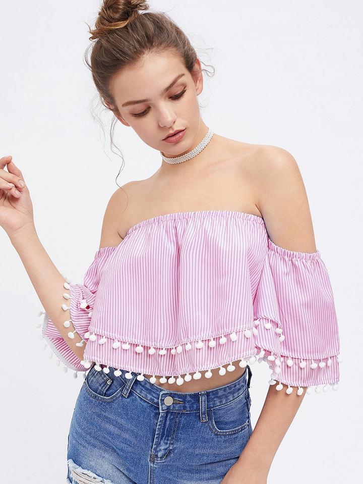 Choies Pink Stripe Off Shoulder Double Layer Pom Pom Hem Crop Top