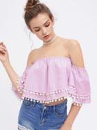 Choies Pink Stripe Off Shoulder Double Layer Pom Pom Hem Crop Top