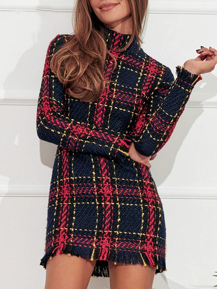 Choies Red Plaid High Neck Tassel Trim Long Sleeve Women Mini Dress