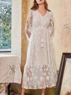 Choies White V-neck Drawstring Waist Long Sleeve Maxi Dress