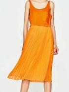 Choies Orange High Waist Pleated Midi Skirt