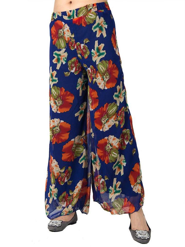 Choies Blue Floral Elastic Waist Chiffon Wide Leg Palazzo Pants