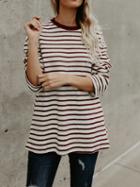 Choies Burgundy Stripe Cotton Long Sleeve Chic Women Blouse