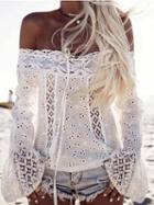 Choies White Off Shoulder Bell Sleeve Cutwork Lace Panel Top