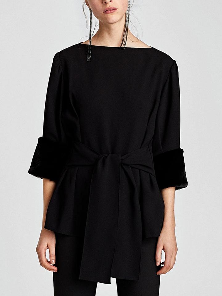Choies Black Faux Fur Trim Blouse