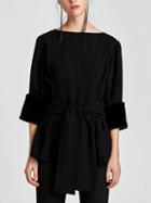 Choies Black Faux Fur Trim Blouse
