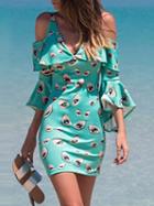 Choies Green V-neck Cold Shoulder Print Detail Flare Sleeve Mini Dress