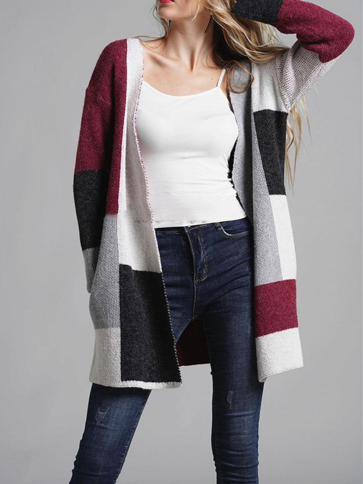 Choies Red Plaid Open Front Long Sleeve Knit Cardigan