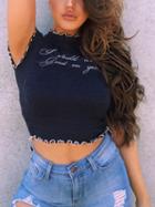Choies Blue Embroidery Detail Fluted Trim Crop Top