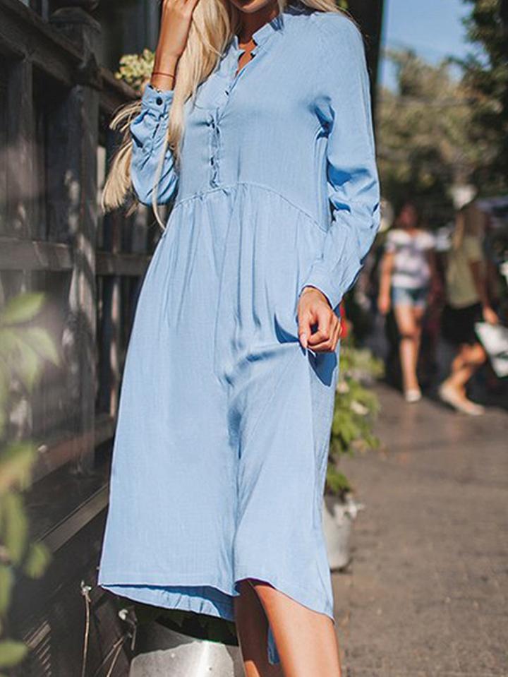 Choies Blue Cotton Blend Button Placket Front Long Sleeve Chic Women Dress