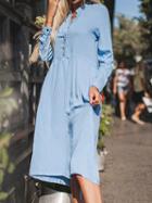 Choies Blue Cotton Blend Button Placket Front Long Sleeve Chic Women Dress
