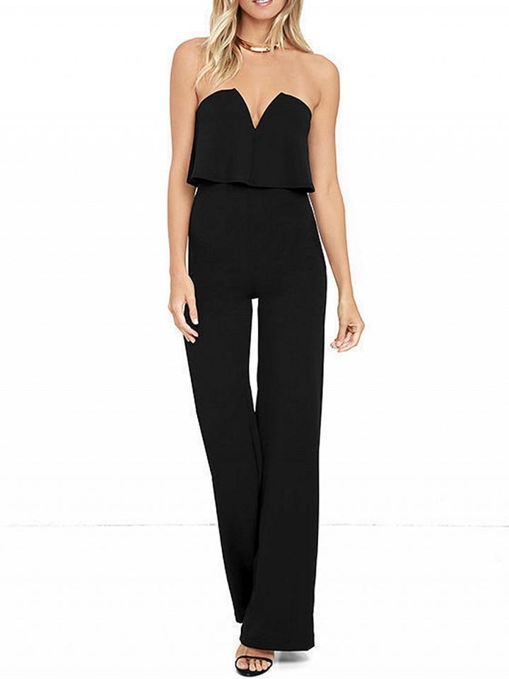 Choies Black Bandeau V-neck Ruffle Trim Open Back Romper Jumpsuit
