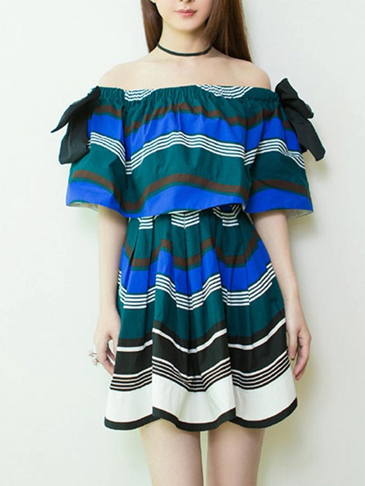 Choies Polychrome Stripe Off Shoulder Bow Detail Layered Top Mini Dress