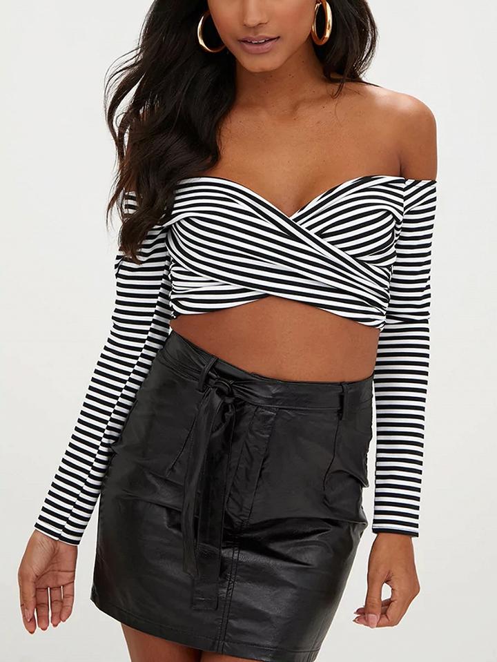 Choies Black Stripe Off Shoulder Cross Front Long Sleeve Crop Top