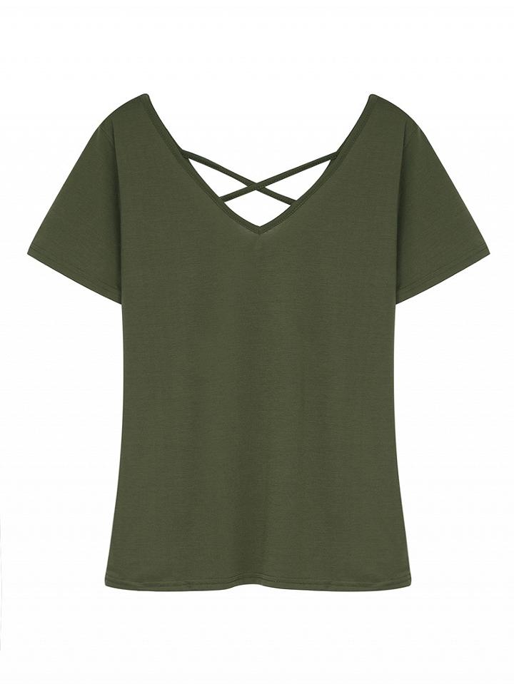 Choies Green V-neck Cross Strap Short Sleeve -shirt